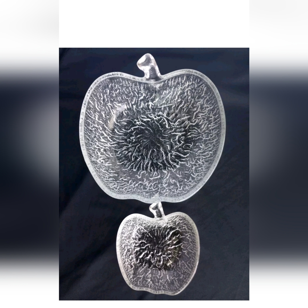 Vtg Clear Textured Italian Glass Apple Shaped 9"& 5.5" Bowl~Trinket Dish…